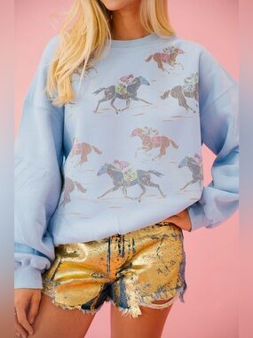 Judith March Light Blue Horse Racing Print Sweatshirt